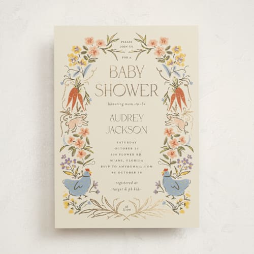 This is a creamery foil stamped baby shower invitations with foil pressed by Vera Lim called whimsical frame printing on signature in standard