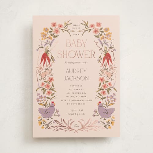 This is a rose milk foil stamped baby shower invitations with foil pressed by Vera Lim called whimsical frame printing on signature in standard