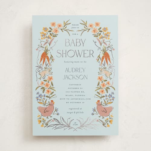 This is a mint cream foil stamped baby shower invitations with foil pressed by Vera Lim called whimsical frame printing on signature in standard