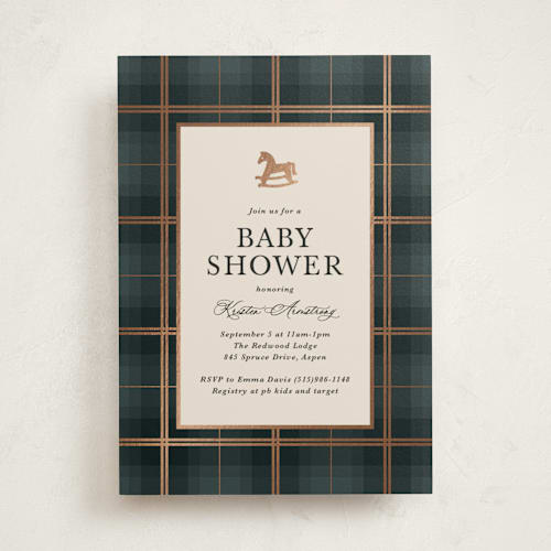 This is a juniper foil stamped baby shower invitations with foil pressed by Kate Ahn called wesley printing on signature in standard