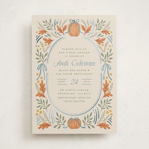 This is a cornflower foil stamped baby shower invitations with foil pressed by Laura Hankins called pumpkins + bows printing on signature in standard