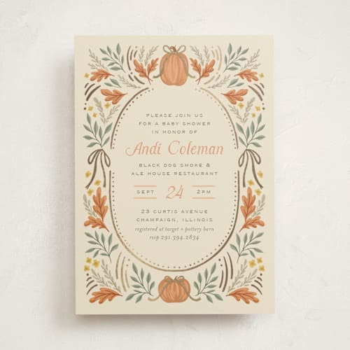 This is a tearose foil stamped baby shower invitations with foil pressed by Laura Hankins called pumpkins + bows printing on signature in standard