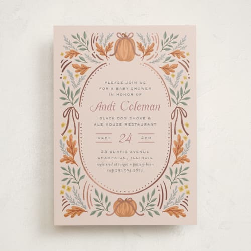 This is a orchid foil stamped baby shower invitations with foil pressed by Laura Hankins called pumpkins + bows printing on signature in standard