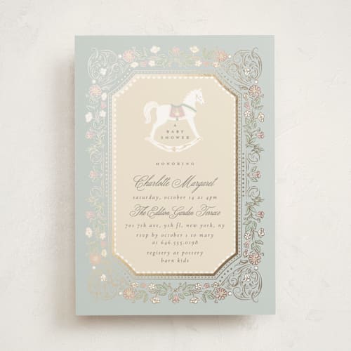 This is a pastel toile foil stamped baby shower invitations with foil pressed by Ana de Sousa called le cheval d’enfance printing on signature in standard