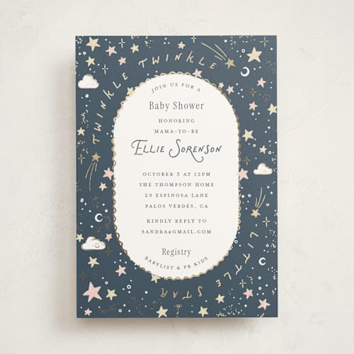 This is a celestial foil stamped baby shower invitations with foil pressed by Leah Bisch called stellar printing on signature in standard