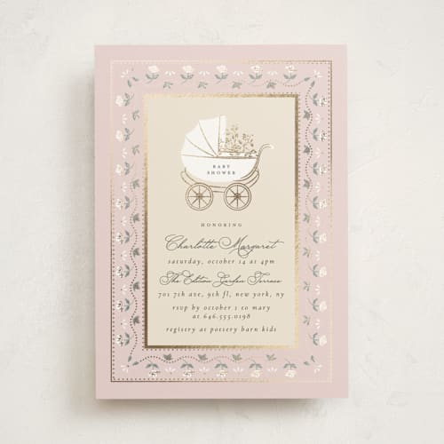 This is a antique blush foil stamped baby shower invitations with foil pressed by Ana de Sousa called petal & pram printing on signature in standard
