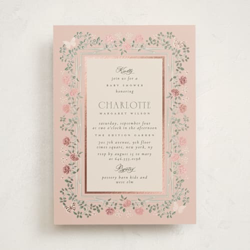 This is a petal foil stamped baby shower invitations with foil pressed by Ana de Sousa called parisian roses printing on signature in standard