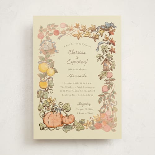 This is a ivory foil stamped baby shower invitations with foil pressed by Becky Nimoy called autumn harvest printing on signature in standard