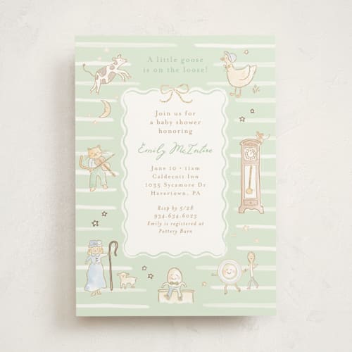 This is a mint foil stamped baby shower invitations with foil pressed by Jennifer Wick called nursery rhyme printing on signature in standard