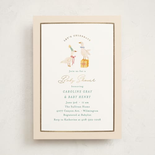 This is a lemonade foil stamped baby shower invitations with foil pressed by Julie Murray called honk for baby! printing on signature in standard