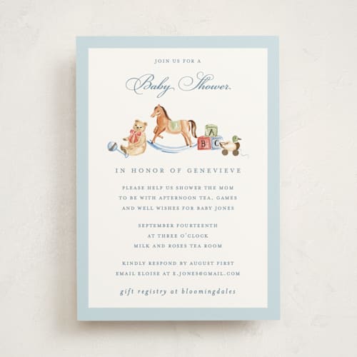This is a sky foil stamped baby shower invitations with foil pressed by Sarah Knight called classical printing on signature in standard