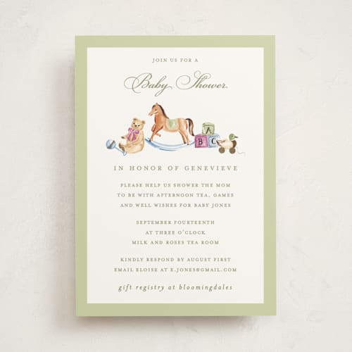 This is a candy foil stamped baby shower invitations with foil pressed by Sarah Knight called classical printing on signature in standard