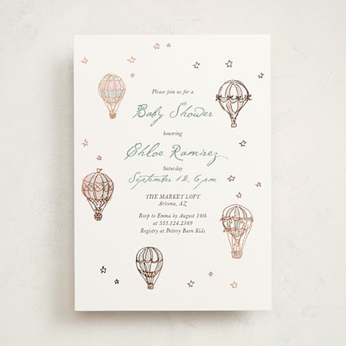 This is a coral breeze foil stamped baby shower invitations with foil pressed by Cass Loh called vintage balloon sketch printing on signature in standard