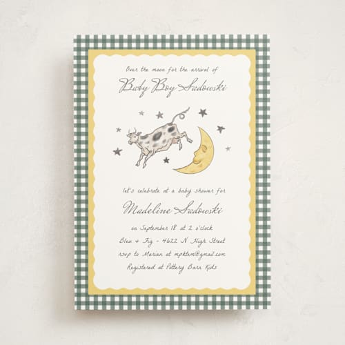This is a dandelion foil stamped baby shower invitations with foil pressed by Heather Schertzer called over the moon printing on signature in standard