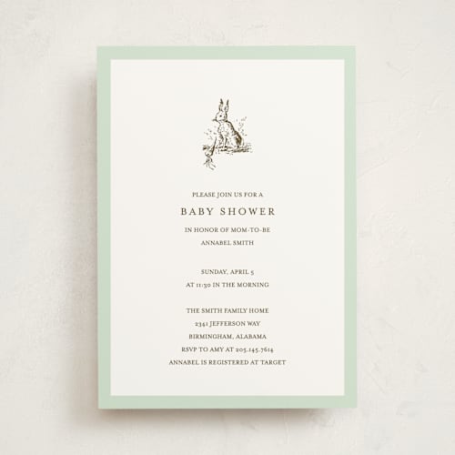 This is a mint baby shower invitations with standard by Megan Davis called classic bunny printing on signature in standard