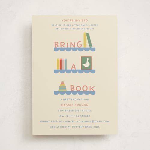 This is a classic library baby shower invitations with standard by Julia Starr called baby shelfie printing on signature in standard