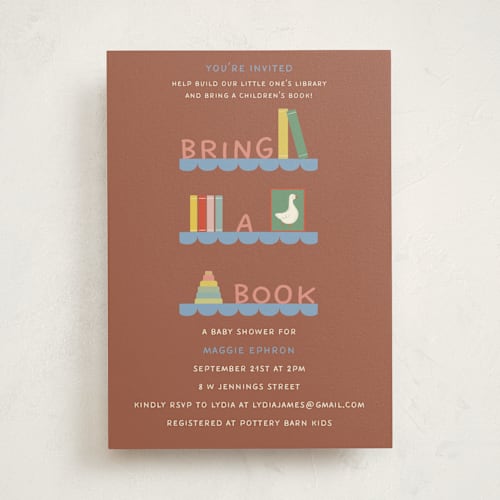 This is a folktale baby shower invitations with standard by Julia Starr called baby shelfie printing on signature in standard