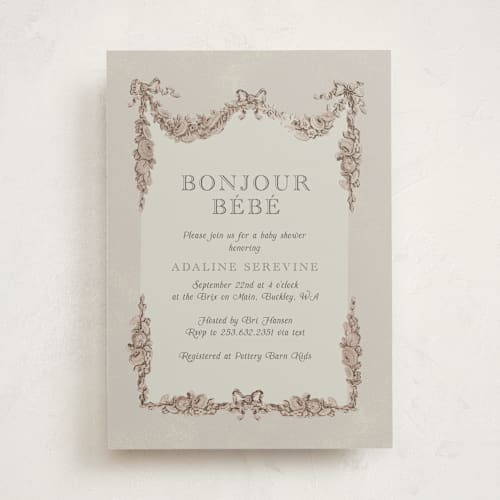 This is a greige baby shower invitations with standard by Itsy Belle Studio called bonjour bebe printing on signature in standard