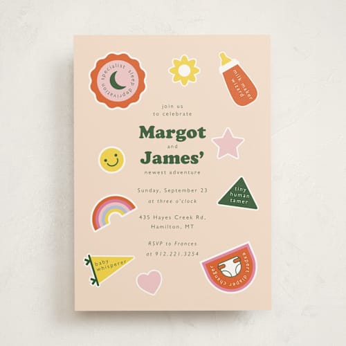 This is a sunshine baby shower invitations with standard by Hudson meet Rose called scout badges printing on signature in standard