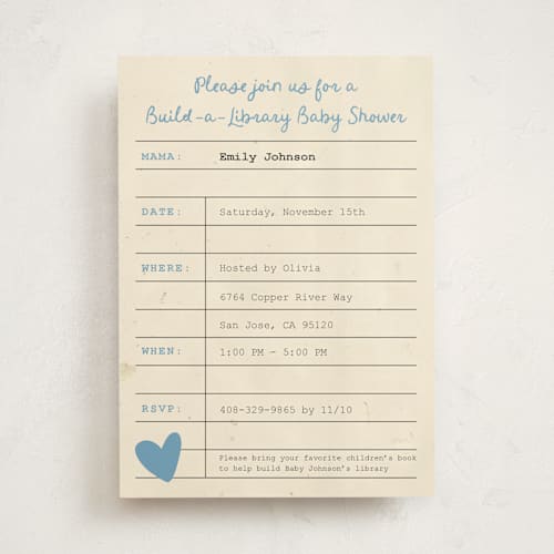 This is a denim baby shower invitations with standard by Ilene Guy called build a library printing on signature in standard