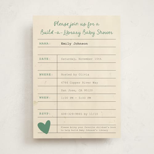 This is a emerald baby shower invitations with standard by Ilene Guy called build a library printing on signature in standard