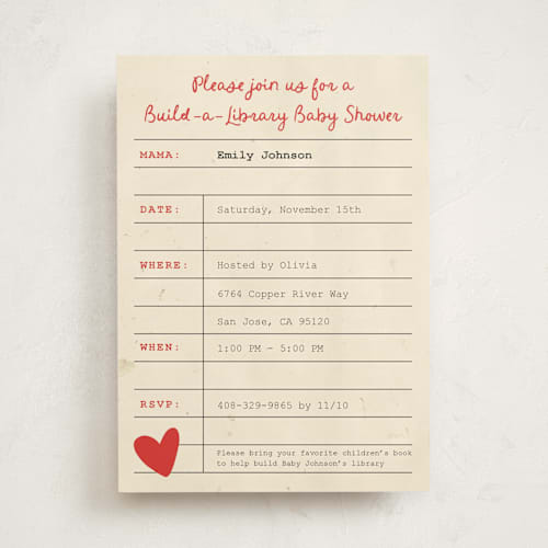 This is a coral baby shower invitations with standard by Ilene Guy called build a library printing on signature in standard