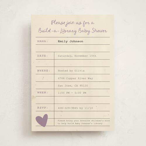 This is a lavender baby shower invitations with standard by Ilene Guy called build a library printing on signature in standard