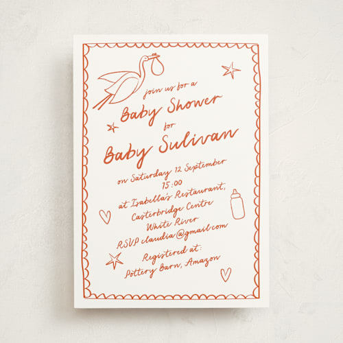 This is a tangerine baby shower invitations with standard by Zani van Zyl called stork party printing on signature in standard