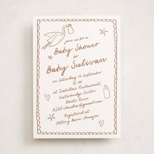 This is a mocha baby shower invitations with standard by Zani van Zyl called stork party printing on signature in standard