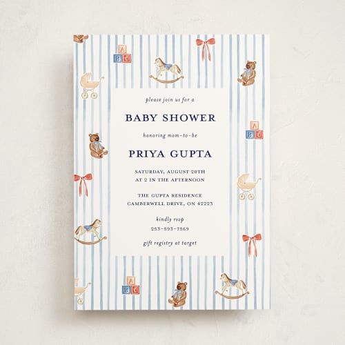 This is a cloud baby shower invitations with standard by Sarah Knight called pinstripe printing on signature in standard