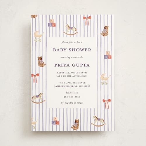 This is a mulberry baby shower invitations with standard by Sarah Knight called pinstripe printing on signature in standard