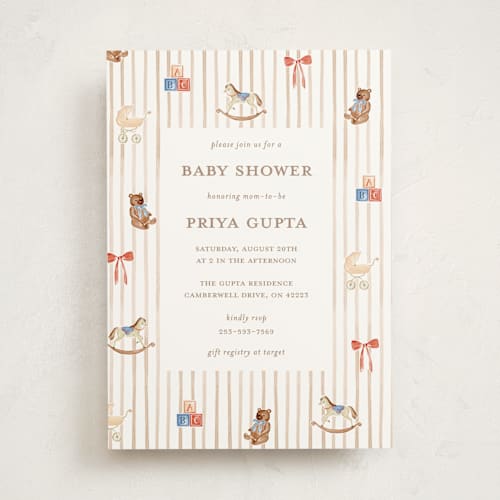 This is a coffee creamer baby shower invitations with standard by Sarah Knight called pinstripe printing on signature in standard
