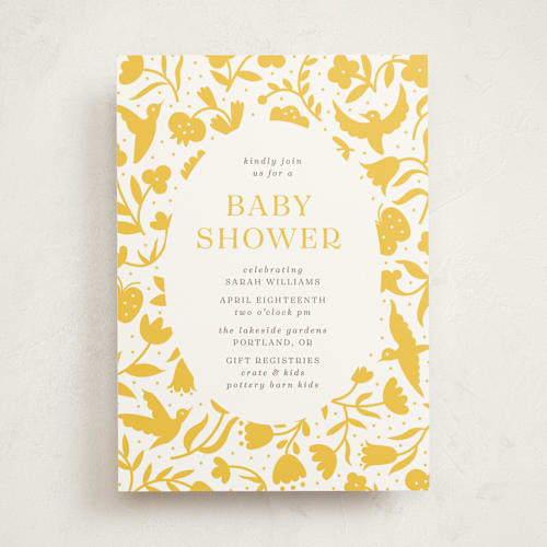 This is a saffron baby shower invitations with standard by Eve Schultz called hummingbird garden printing on signature in standard