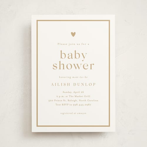 This is a golden baby shower invitations with standard by Stacey Meacham called heartbeat printing on signature in standard