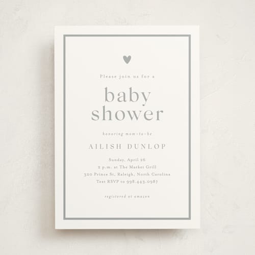 This is a cement baby shower invitations with standard by Stacey Meacham called heartbeat printing on signature in standard