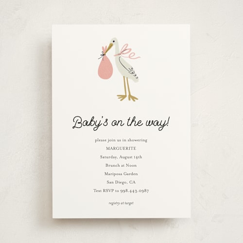 This is a blush baby shower invitations with standard by Ani Somi called little stork printing on signature in standard