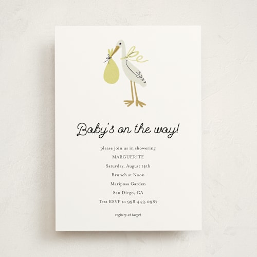 This is a lemon baby shower invitations with standard by Ani Somi called little stork printing on signature in standard