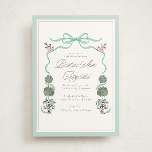 This is a aquamarine baby shower invitations with standard by Jackie Crawford called tiny topiary printing on signature in standard