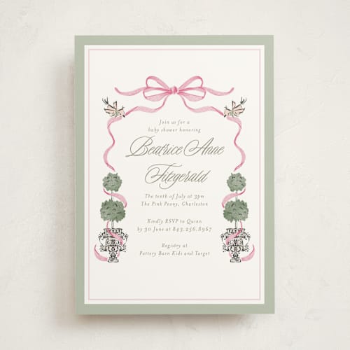 This is a peony baby shower invitations with standard by Jackie Crawford called tiny topiary printing on signature in standard