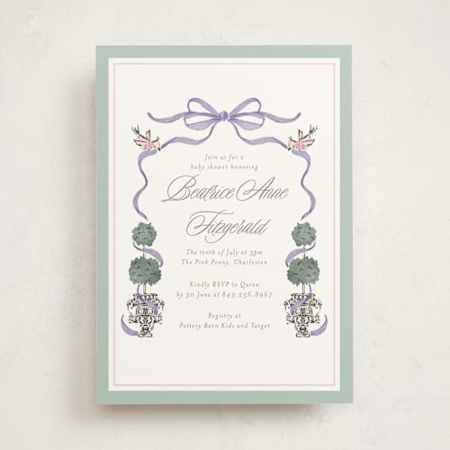 This is a violet baby shower invitations with standard by Jackie Crawford called tiny topiary printing on signature in standard
