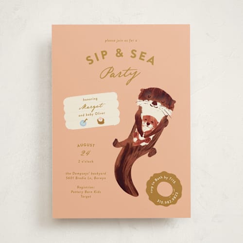 This is a peach baby shower invitations with standard by Gwen Bedat called sip & sea printing on signature in standard