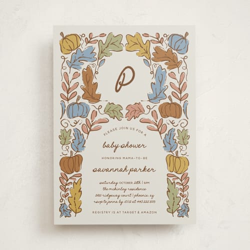 This is a copper baby shower invitations with standard by Kelly Watkins called vintage autumn printing on signature in standard