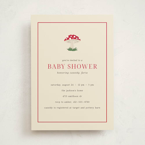 This is a berry baby shower invitations with standard by Ilene Guy called little mushroom printing on signature in standard