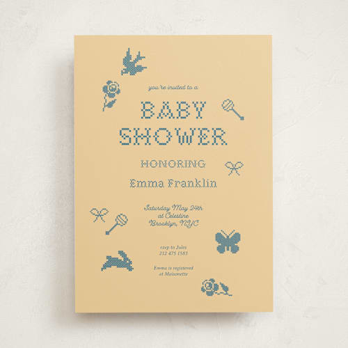 This is a butter baby shower invitations with standard by Claire called needlepoint printing on signature in standard
