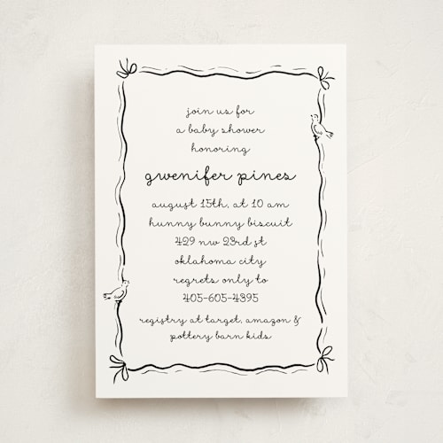 This is a cotton baby shower invitations with standard by Deynaaz Daraei called okarche printing on signature in standard
