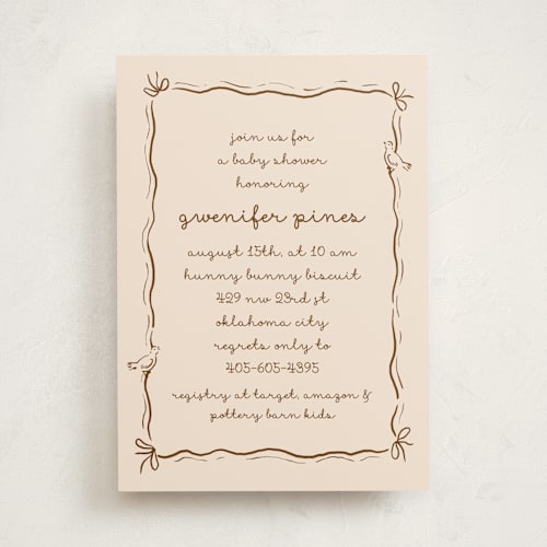 This is a cocoa baby shower invitations with standard by Deynaaz Daraei called okarche printing on signature in standard