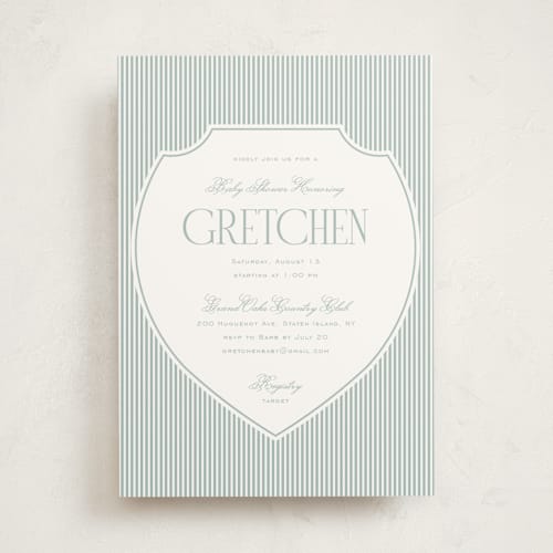 This is a french blue baby shower invitations with standard by Ashlee Townsend called the club crest printing on signature in standard