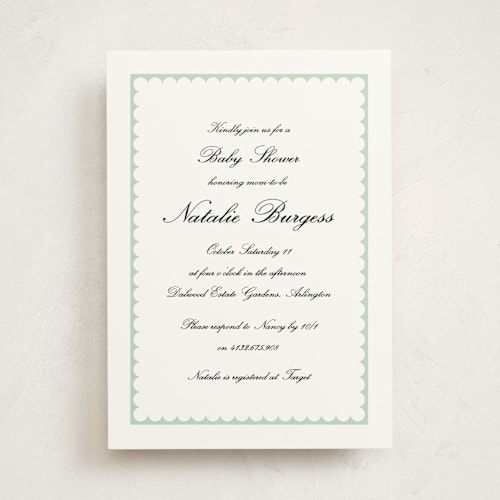 This is a pistachio baby shower invitations with standard by Catherine Culvenor called sweetly scalloped printing on signature in standard