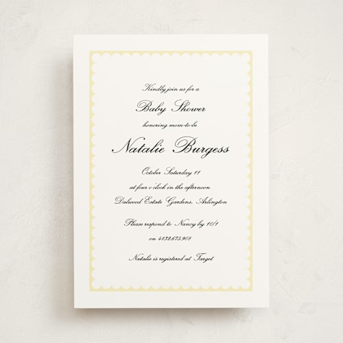 This is a lemon mirangue baby shower invitations with standard by Catherine Culvenor called sweetly scalloped printing on signature in standard