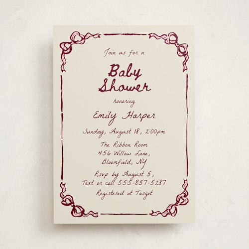 This is a rosewood baby shower invitations with standard by Cass Loh called bow corners printing on signature in standard